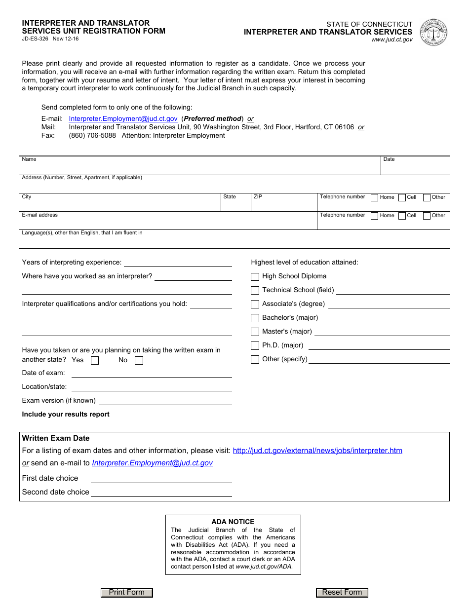 Form JD-ES-326 Interpreter and Translator Services Unit Registration Form - Connecticut, Page 1
