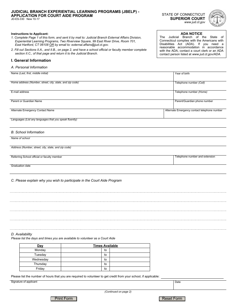 Form JD-ES-330 Judicial Branch Experiential Learning Programs (Jbelp) - Application for Court Aide Program - Connecticut, Page 1