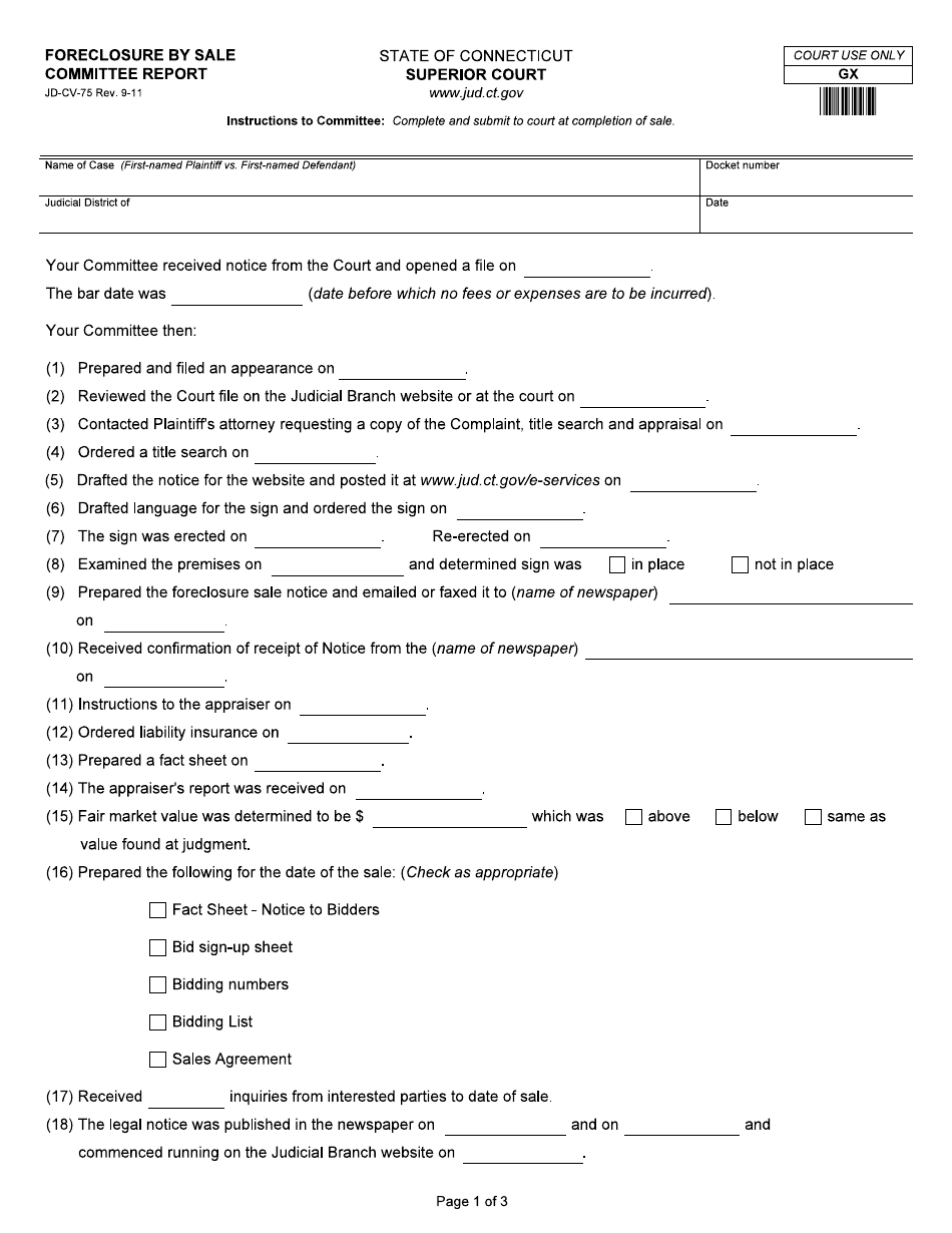 Form JD-CV-75 Foreclosure by Sale, Committee Report - Connecticut, Page 1