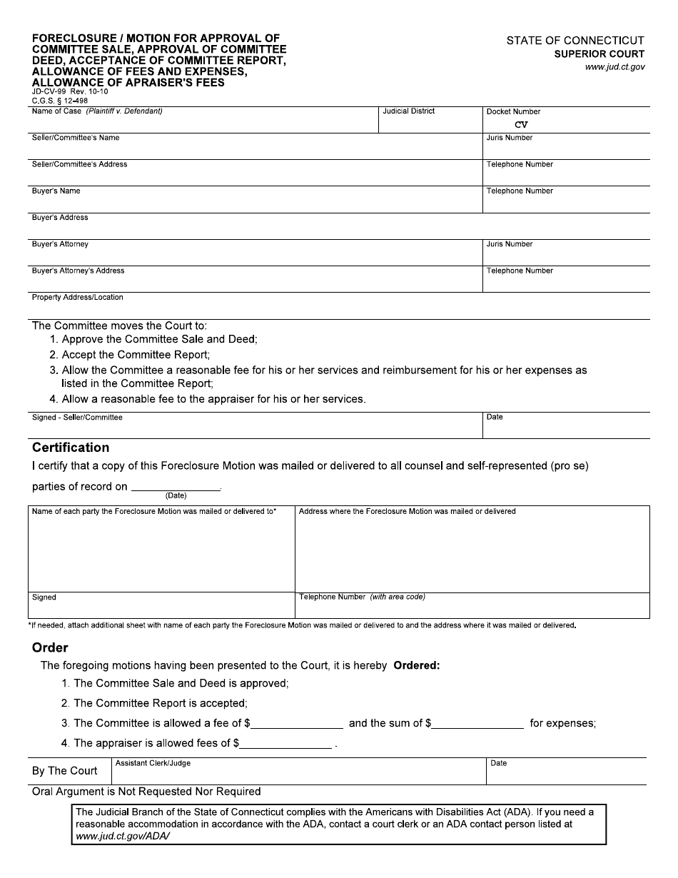 Form JD-CV-99 Foreclosure / Motion for Approval of Committee Sale, Approval of Committee Deed, Acceptance of Committee Report, Allowance of Fees and Expenses, Allowance of Appraisers Fees - Connecticut, Page 1