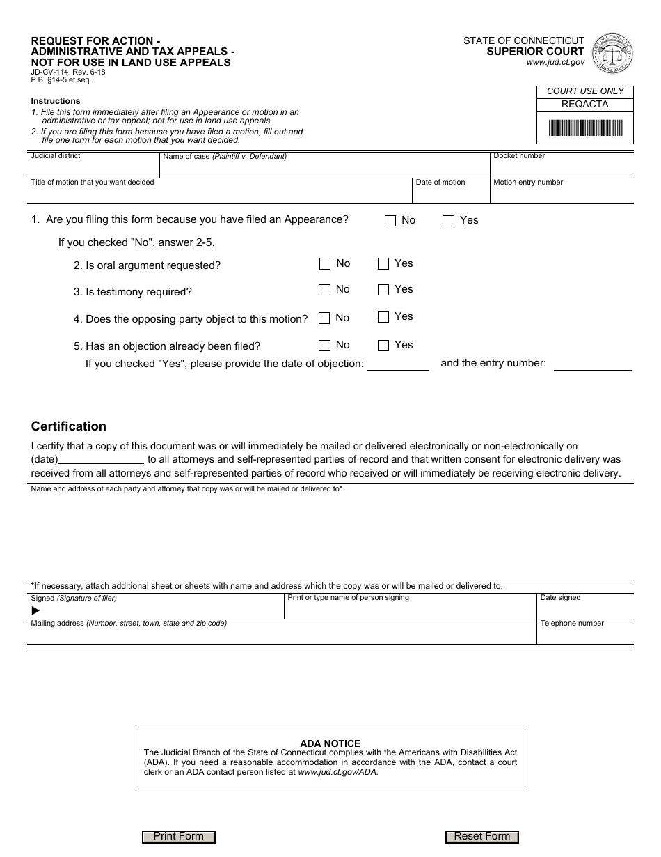 Form JD-CV-114 Request for Action - Administrative and Tax Appeals - Not for Use in Land Use Appeals - Connecticut, Page 1
