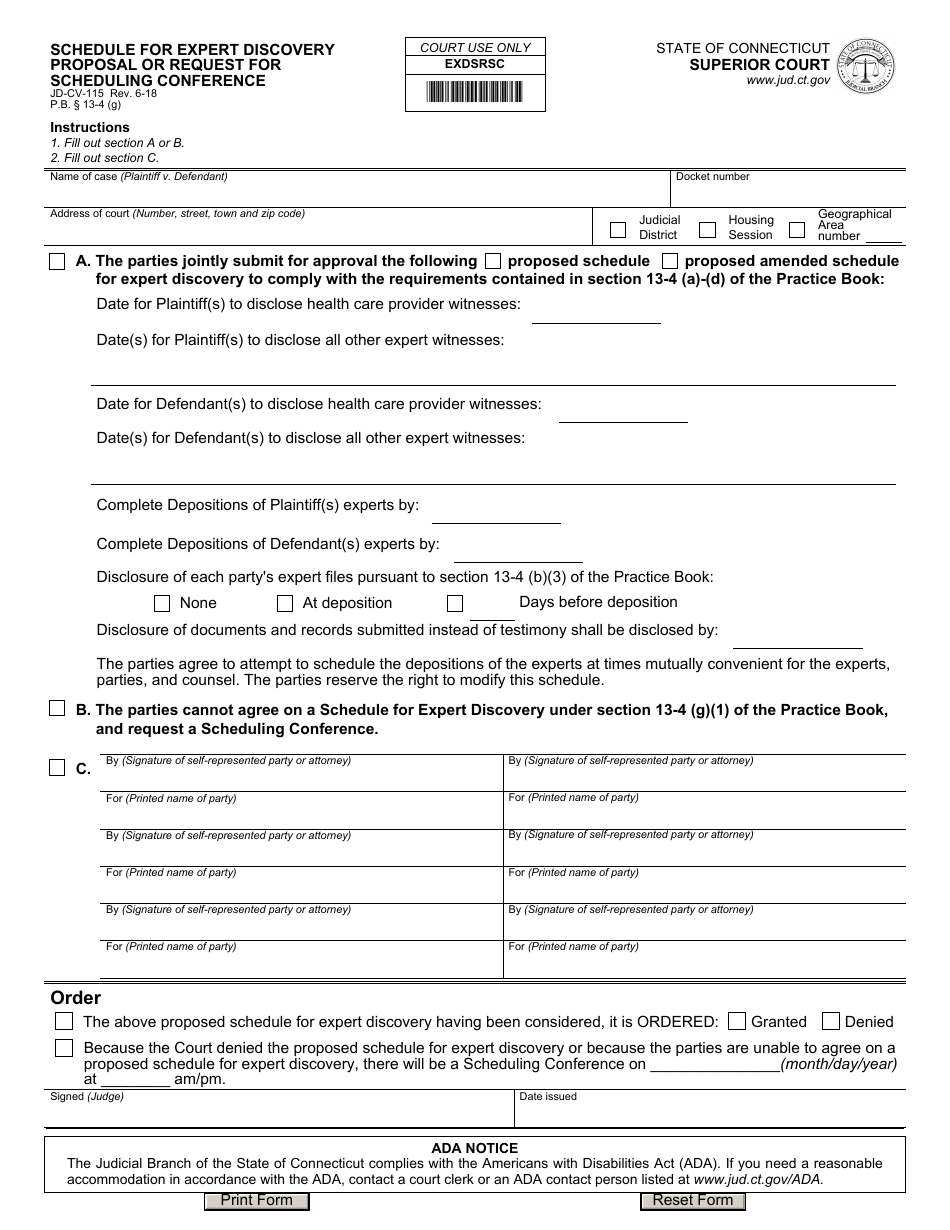 Form JD-CV-115 Schedule for Expert Discovery Proposal or Request for Scheduling Conference - Connecticut, Page 1