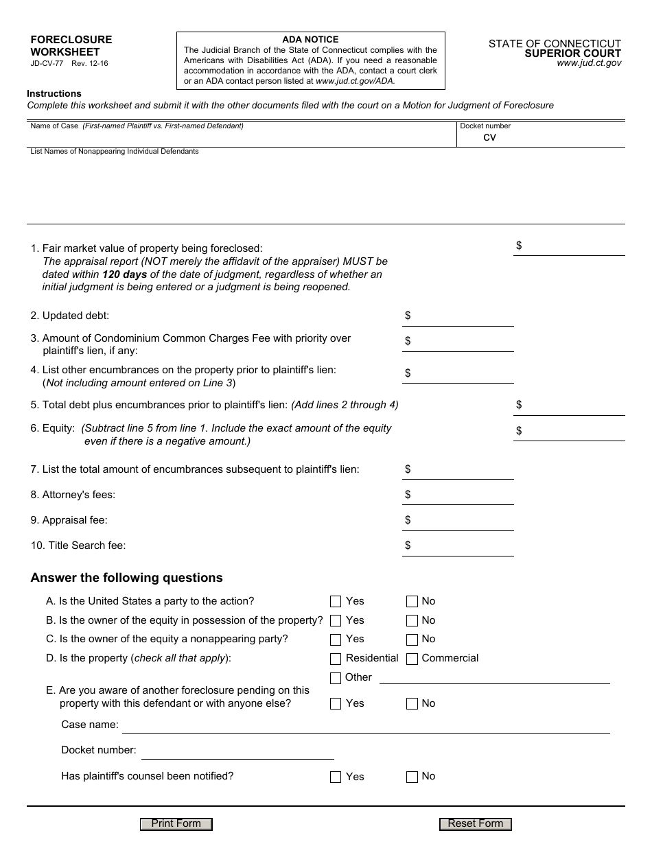 Form JD-CV-77 Foreclosure Worksheet - Connecticut, Page 1