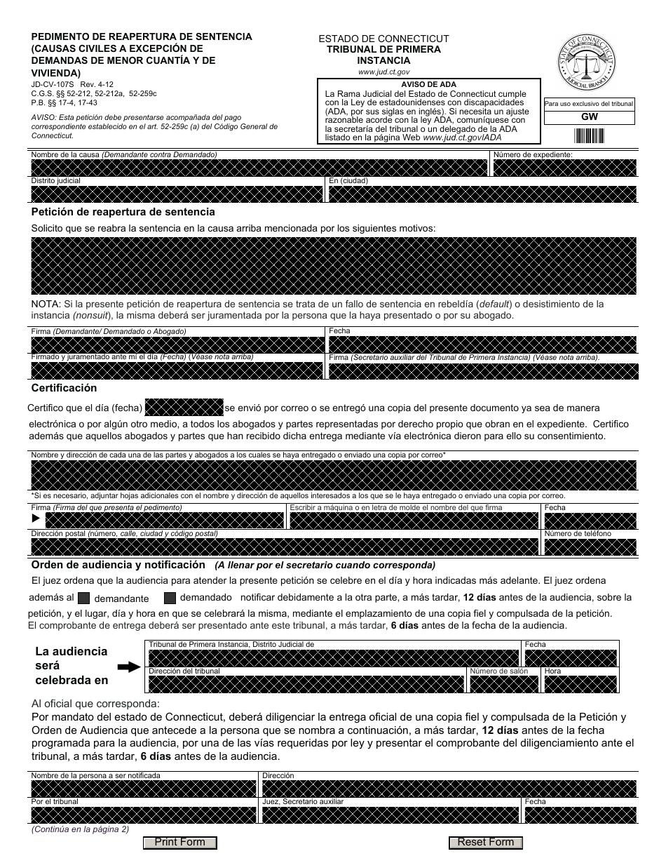 Formulario JD-CV-107S Pedimento De Reapertura De Sentencia (Causas Civiles a Excepcion De Demandas De Menor Cuantia Y De Vivienda) - Connecticut (Spanish), Page 1