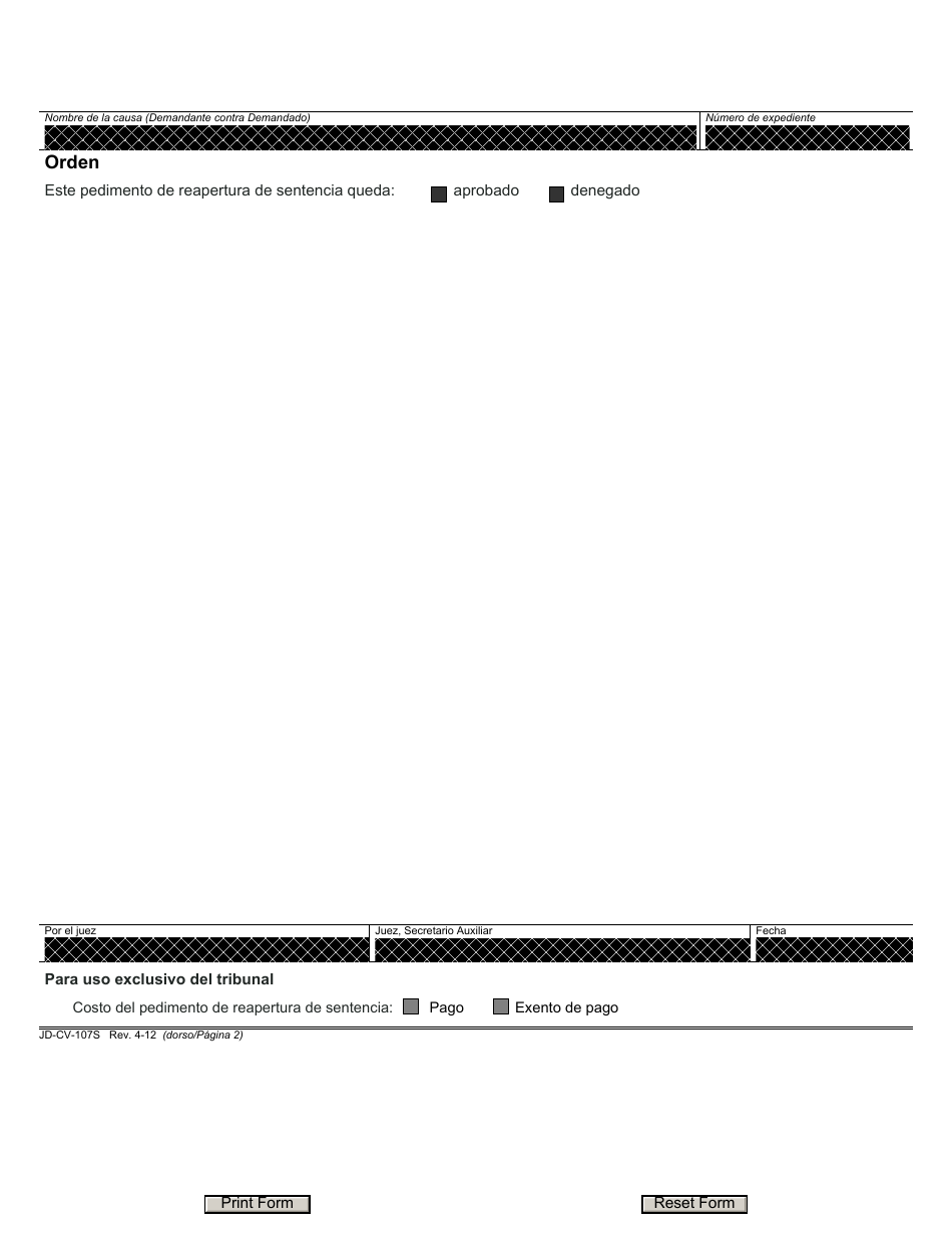 Formulario JD-CV-107S Pedimento De Reapertura De Sentencia (Causas Civiles a Excepcion De Demandas De Menor Cuantia Y De Vivienda) - Connecticut (Spanish), Page 2