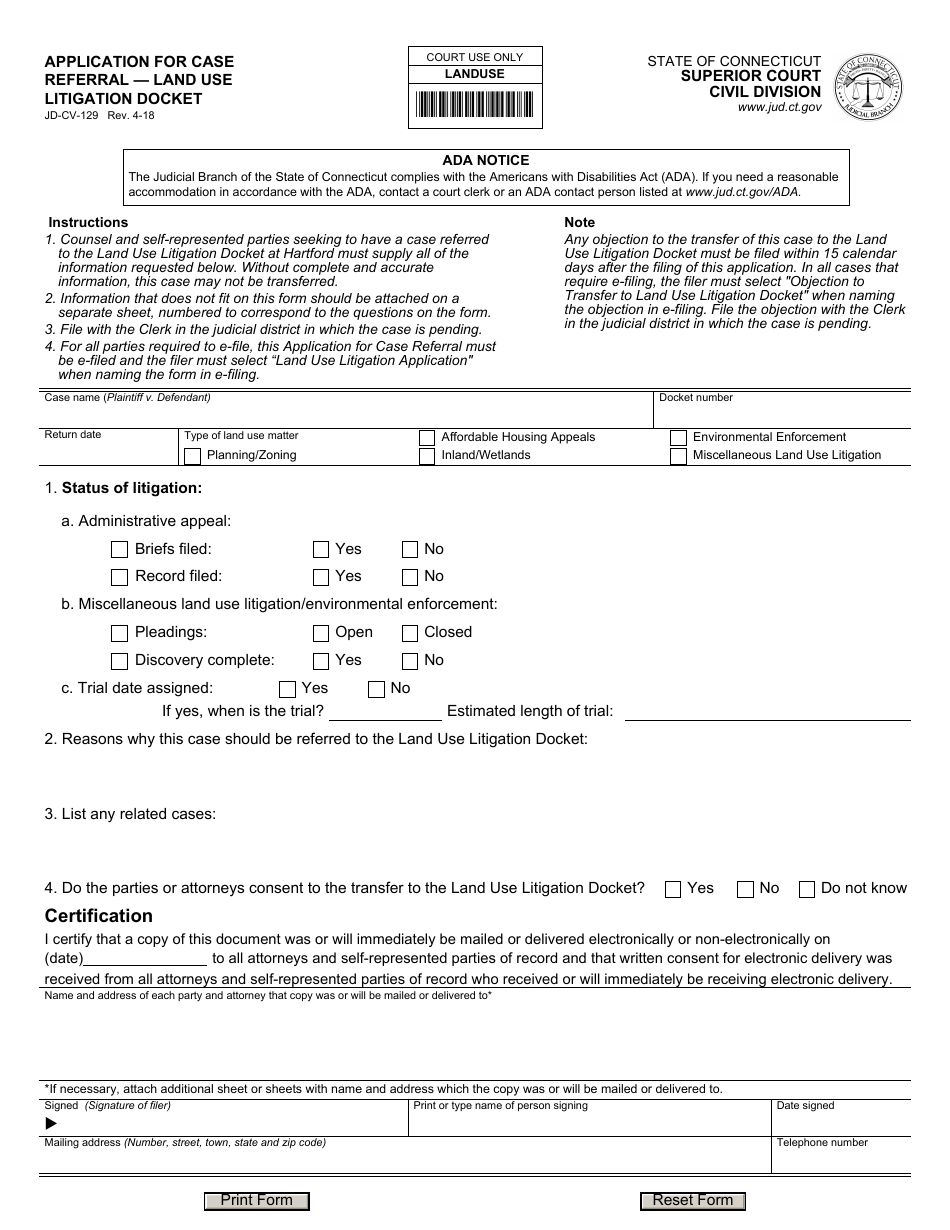 Form JD-CV-129 Application for Case Referral ' Land Use Litigation Docket - Connecticut, Page 1