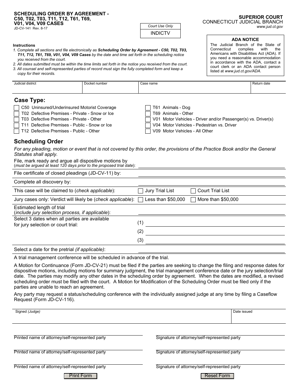 Form JD-CV-141 Scheduling Order by Agreement - C50, T02, T03, T11, T12, T61, T69, V01, V04, V09 Cases - Connecticut, Page 1