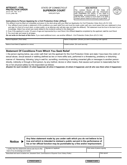 Form JD-CV-144 Affidavit - Civil Protection Order - Connecticut