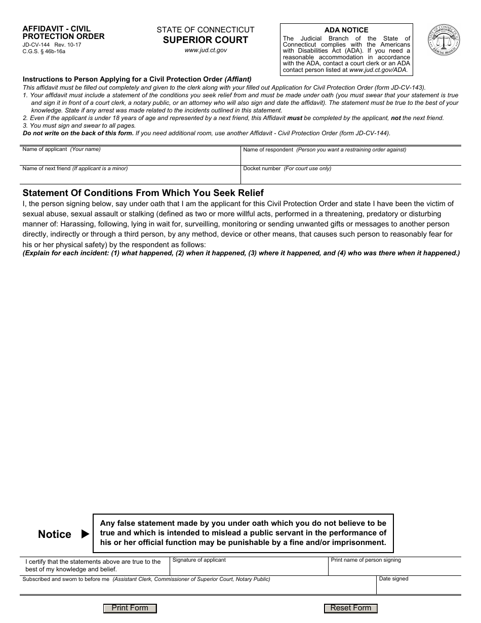 Form JD-CV-144 Affidavit - Civil Protection Order - Connecticut, Page 1