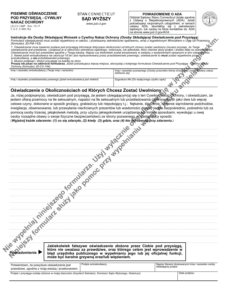 Form JD-CV-144P Affidavit - Civil Protection Order - Connecticut (Polish), Page 1