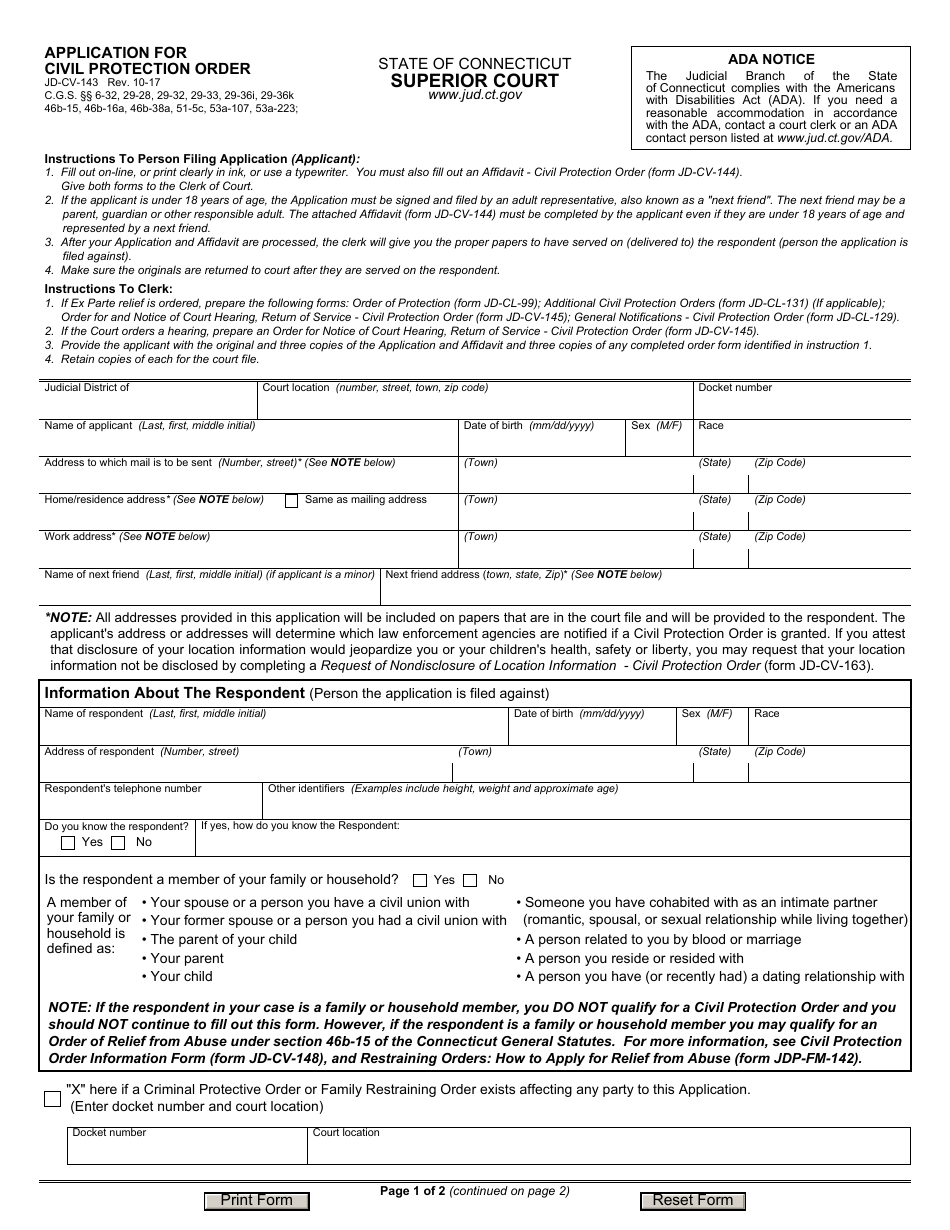 Form JD-CV-143 Application for Civil Protection Order - Connecticut, Page 1