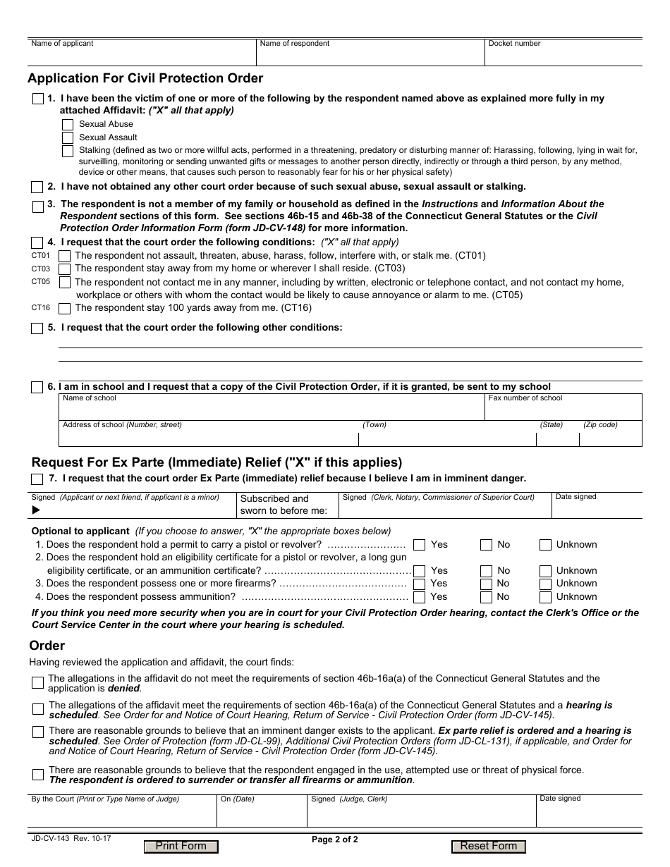 Form JD-CV-143 Application for Civil Protection Order - Connecticut, Page 2