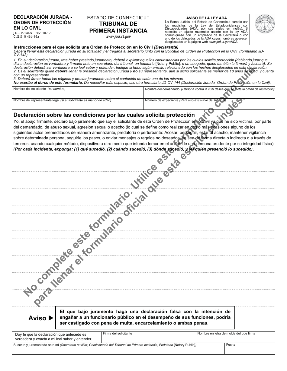 Formulario JD-CV-144S Declaracion Jurada - Orden De Proteccion En Lo Civil - Connecticut (Spanish), Page 1