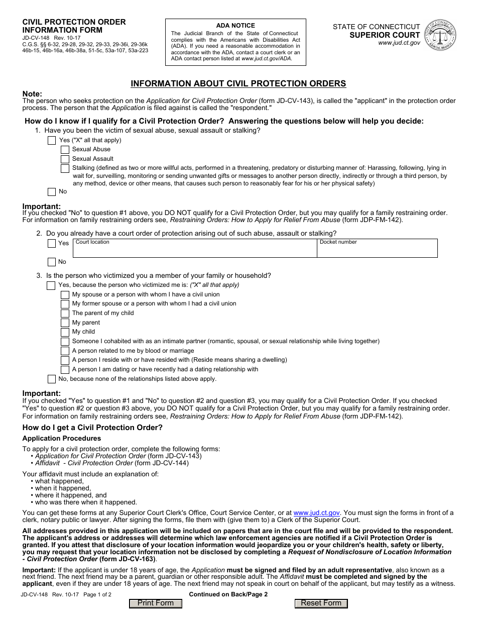 Form JD-CV-148 Civil Protection Order Information Form - Connecticut, Page 1