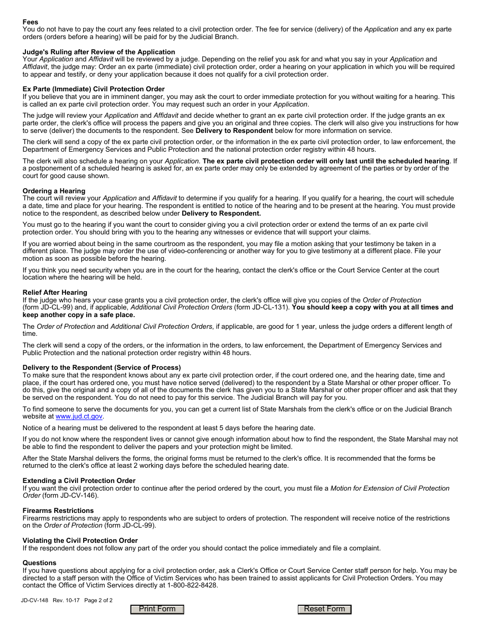 Form JD-CV-148 Civil Protection Order Information Form - Connecticut, Page 2