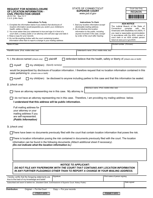 Form JD-CV-163 Request for Nondisclosure of Location Information - Civil Protection Order - Connecticut