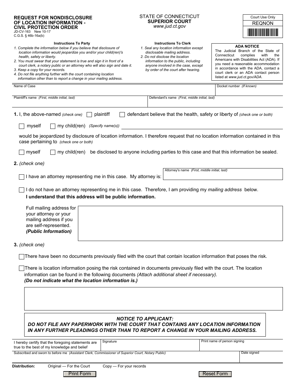 Form JD-CV-163 Request for Nondisclosure of Location Information - Civil Protection Order - Connecticut, Page 1