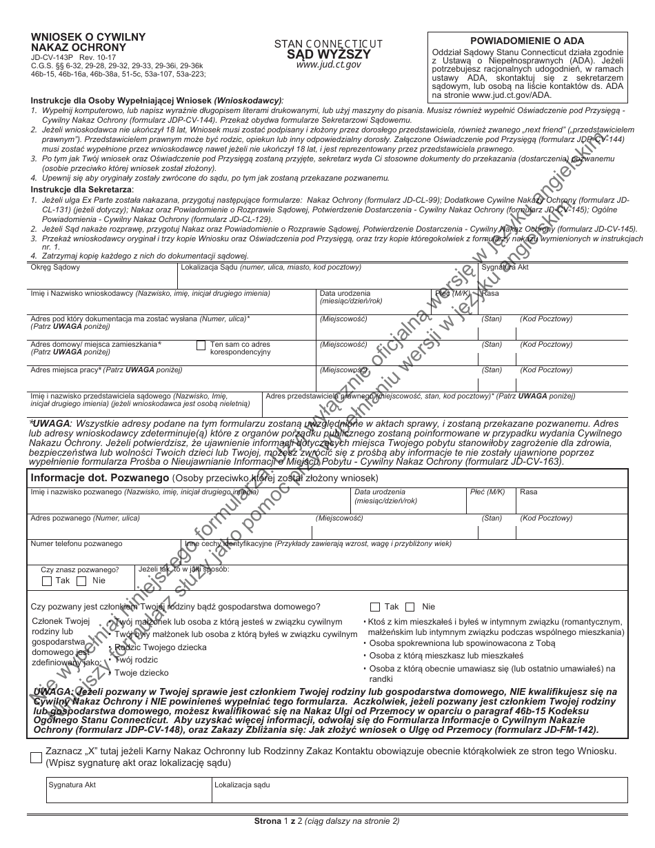 Form JD-CV-143P Application for Civil Protection Order - Connecticut (Polish), Page 1