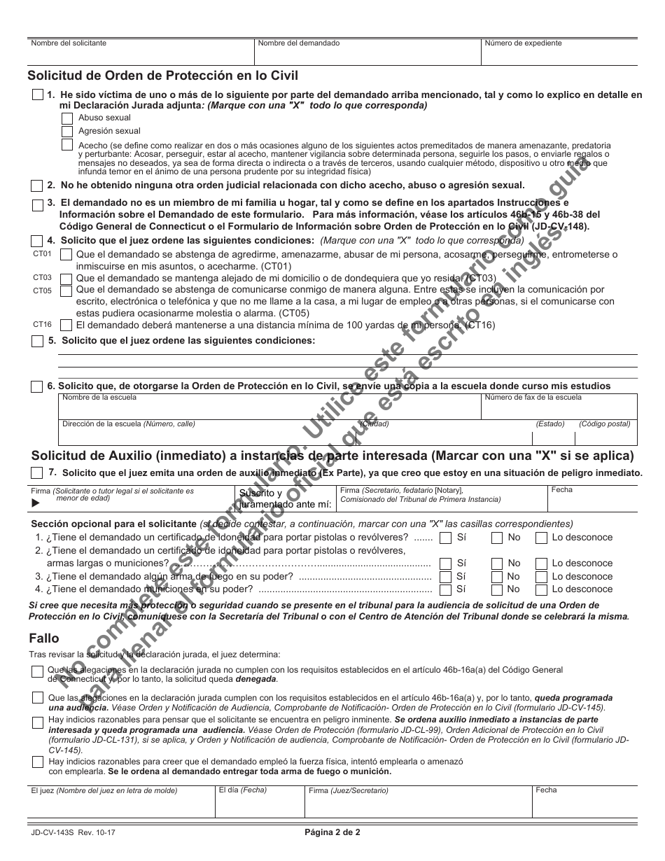Formulario JD-CV-143S Solicitud De Orden De Proteccion En Lo Civil - Connecticut (Spanish), Page 2
