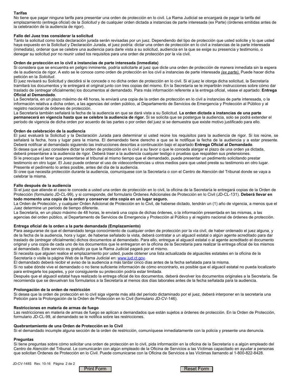 Formulario JD-CV-148S Orden De Proteccion En Lo Civil: Formulario De Informacion - Connecticut (Spanish), Page 2