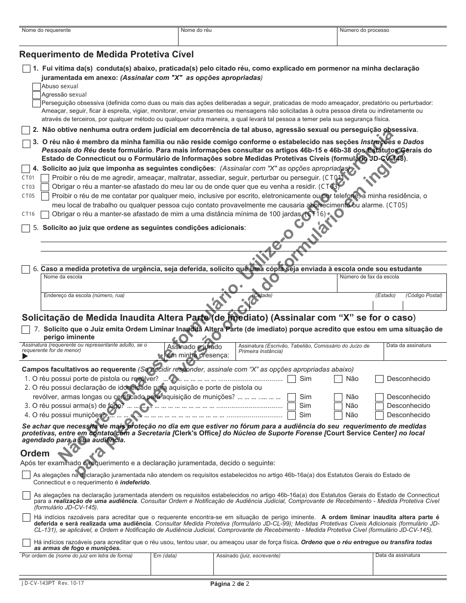 Form JD-CV-143PT Application for Civil Protection Order - Connecticut (Portuguese), Page 2