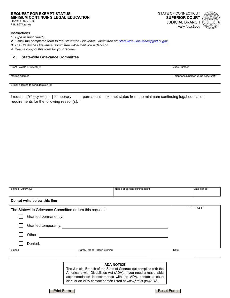 Form JD-CE-2 Request for Exempt Status - Minimum Continuing Legal Education - Connecticut, Page 1
