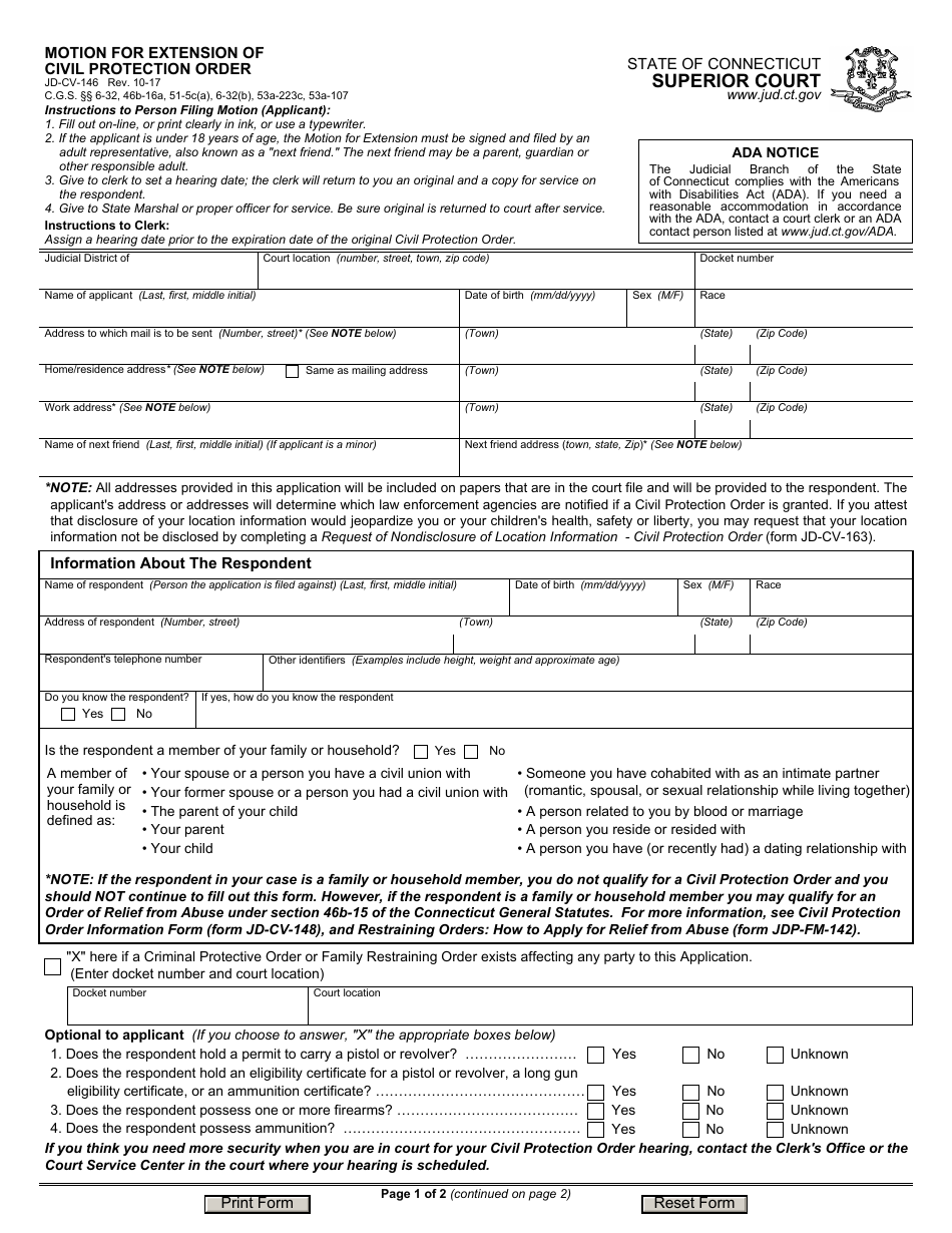 Form JD-CV-146 Download Fillable PDF or Fill Online Motion for ...