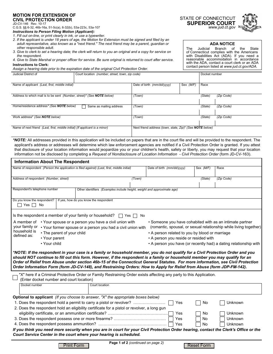 Form JD-CV-146 Motion for Extension of Civil Protection Order - Connecticut, Page 1
