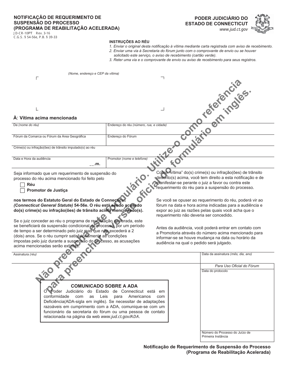 Form JD-CR-10PT Notice of Application for Pretrial Rehabilitation - Connecticut (Portuguese), Page 1