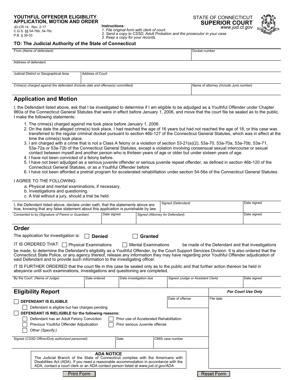 Form JD-CR-14 Youthful Offender Eligibility - Application, Motion and Order - Connecticut, Page 1