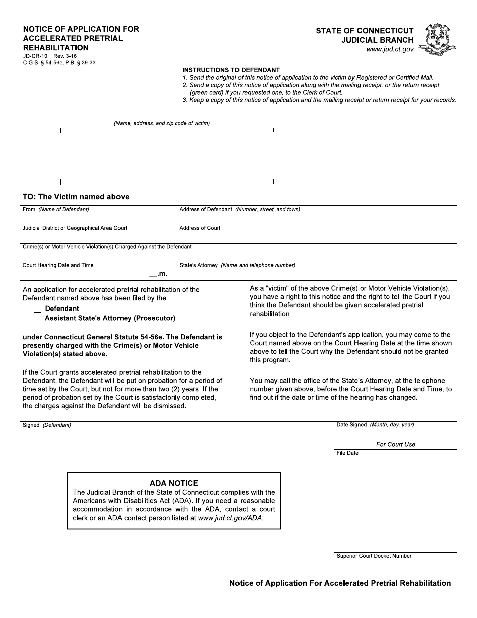 Form JD-CR-10 Notice of Application for Accelerated Pretrial Rehabilitation - Connecticut (English / Spanish), Page 1