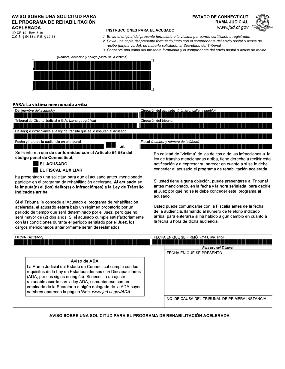 Form JD-CR-10 Notice of Application for Accelerated Pretrial Rehabilitation - Connecticut (English / Spanish), Page 2