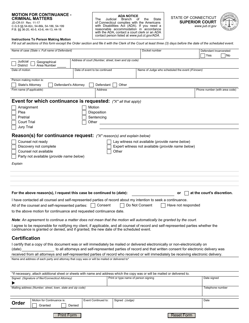 Form JD-CR-51 Motion for Continuance - Criminal Matters - Connecticut, Page 1