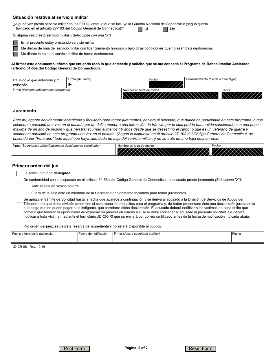 Formulario JD-CR-9S Solicitud Para El Programa De Rehabilitacion Acelerada - Connecticut (Spanish), Page 2