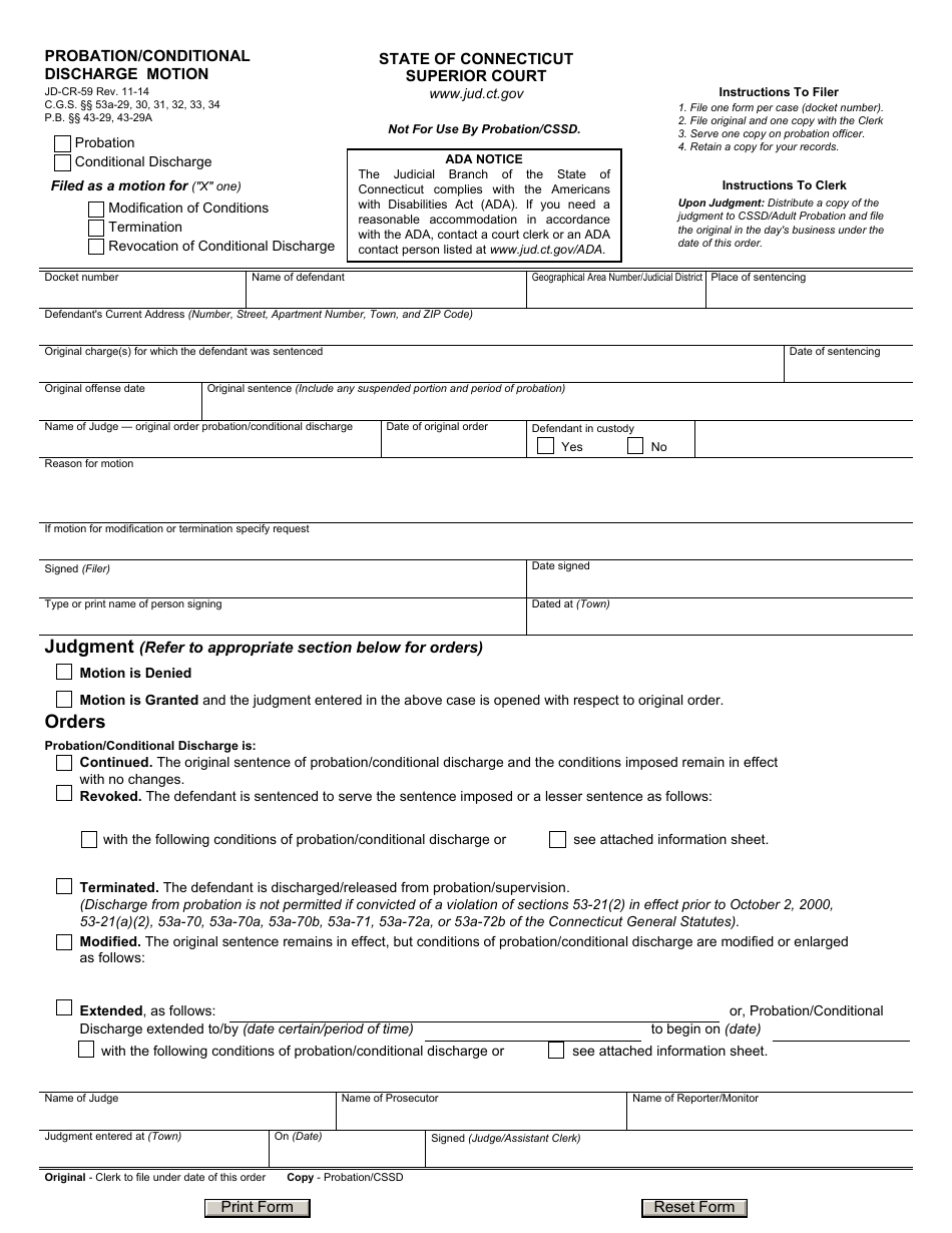 Form JD-CR-59 Probation / Conditional Discharge Motion - Connecticut, Page 1