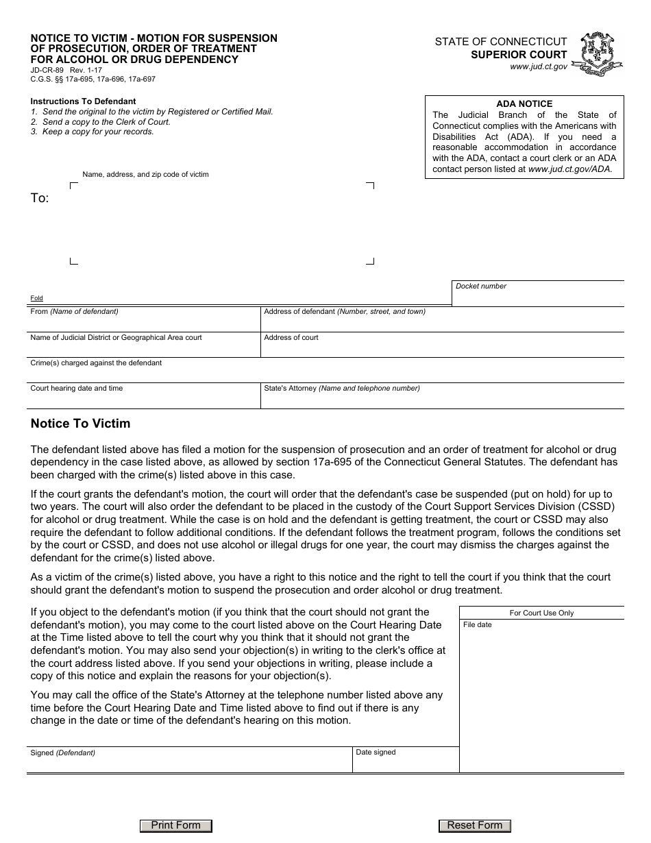 Form JD-CR-89 Notice to Victim - Motion for Suspension of Prosecution, Order of Treatment for Alcohol or Drug Dependency - Connecticut, Page 1
