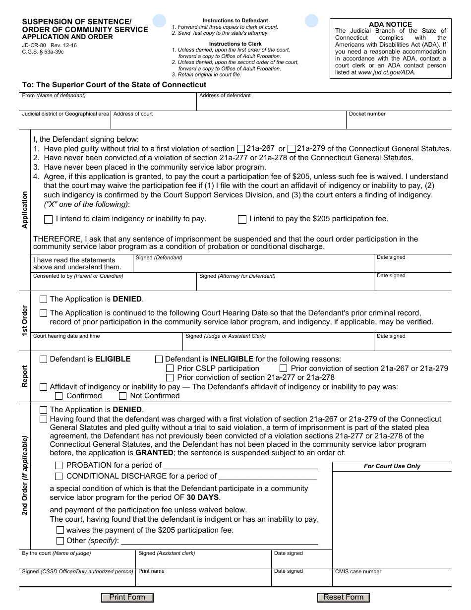 Form JD-CR-80 Suspension of Sentence / Order of Community Service Application and Order - Connecticut, Page 1