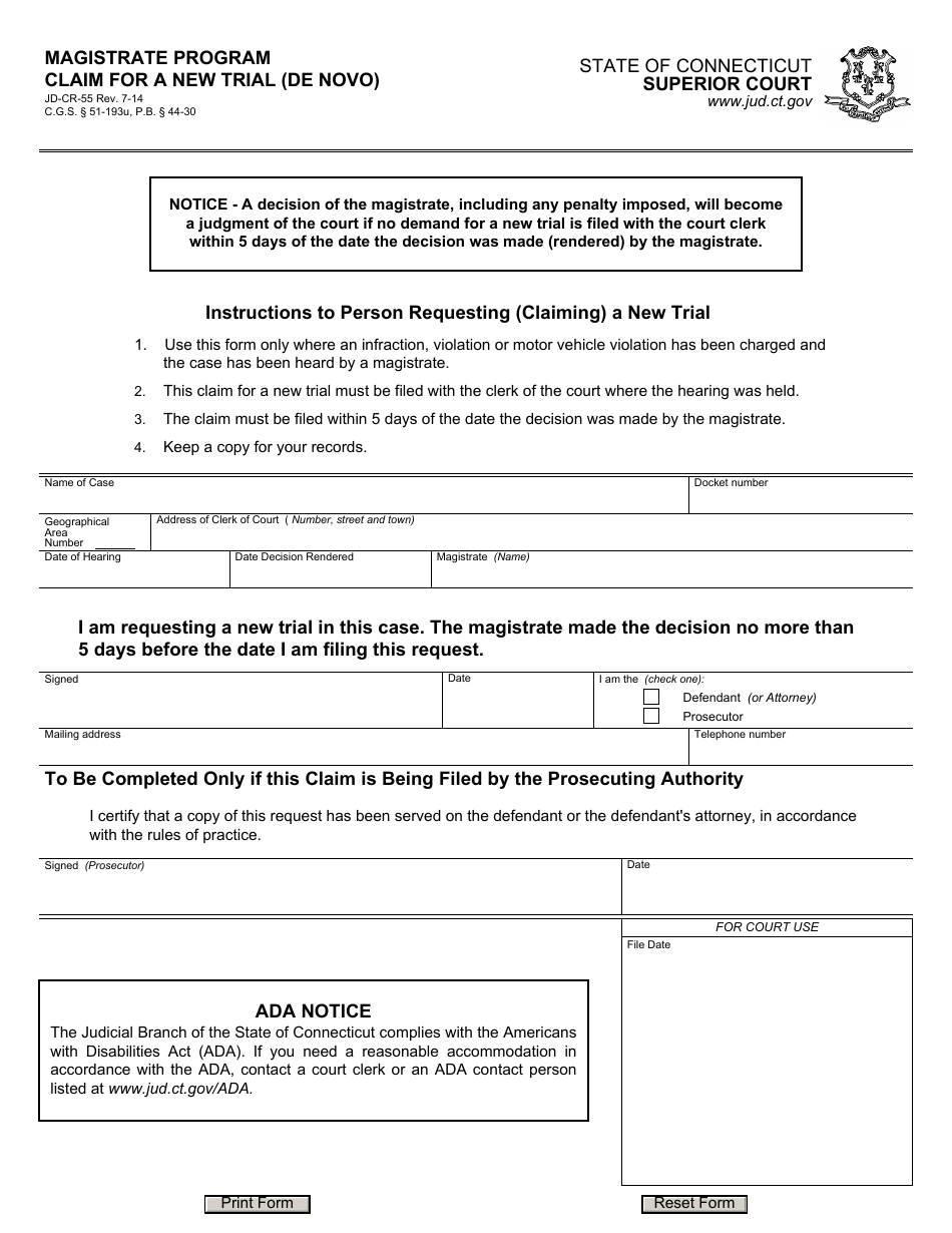 Form JD-CR-55 Claim for a New Trial (De Novo) - Magistrate Program - Connecticut, Page 1