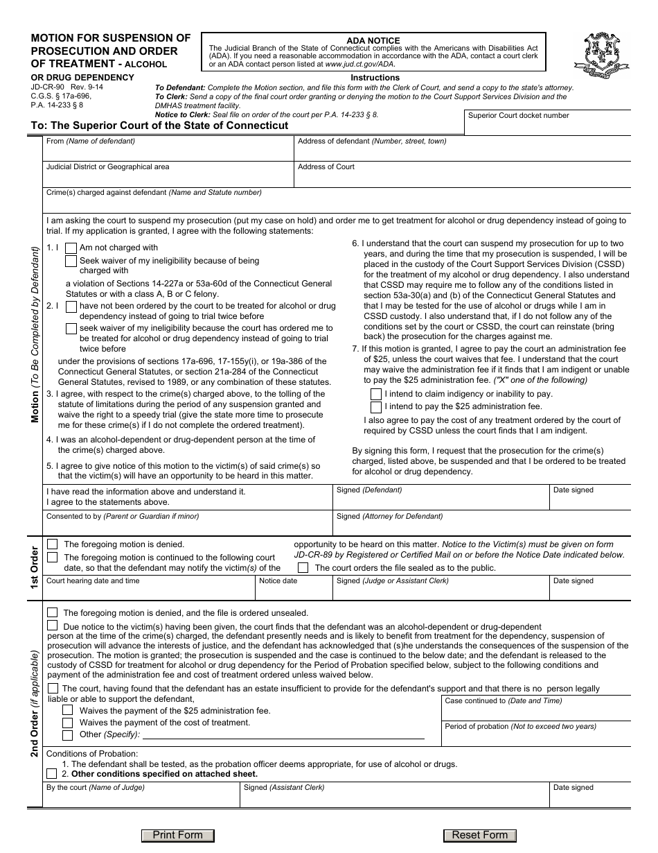 Form JD-CR-90 Motion for Suspension of Prosecution and Order of Treatment - Alcohol or Drug Dependency - Connecticut, Page 1