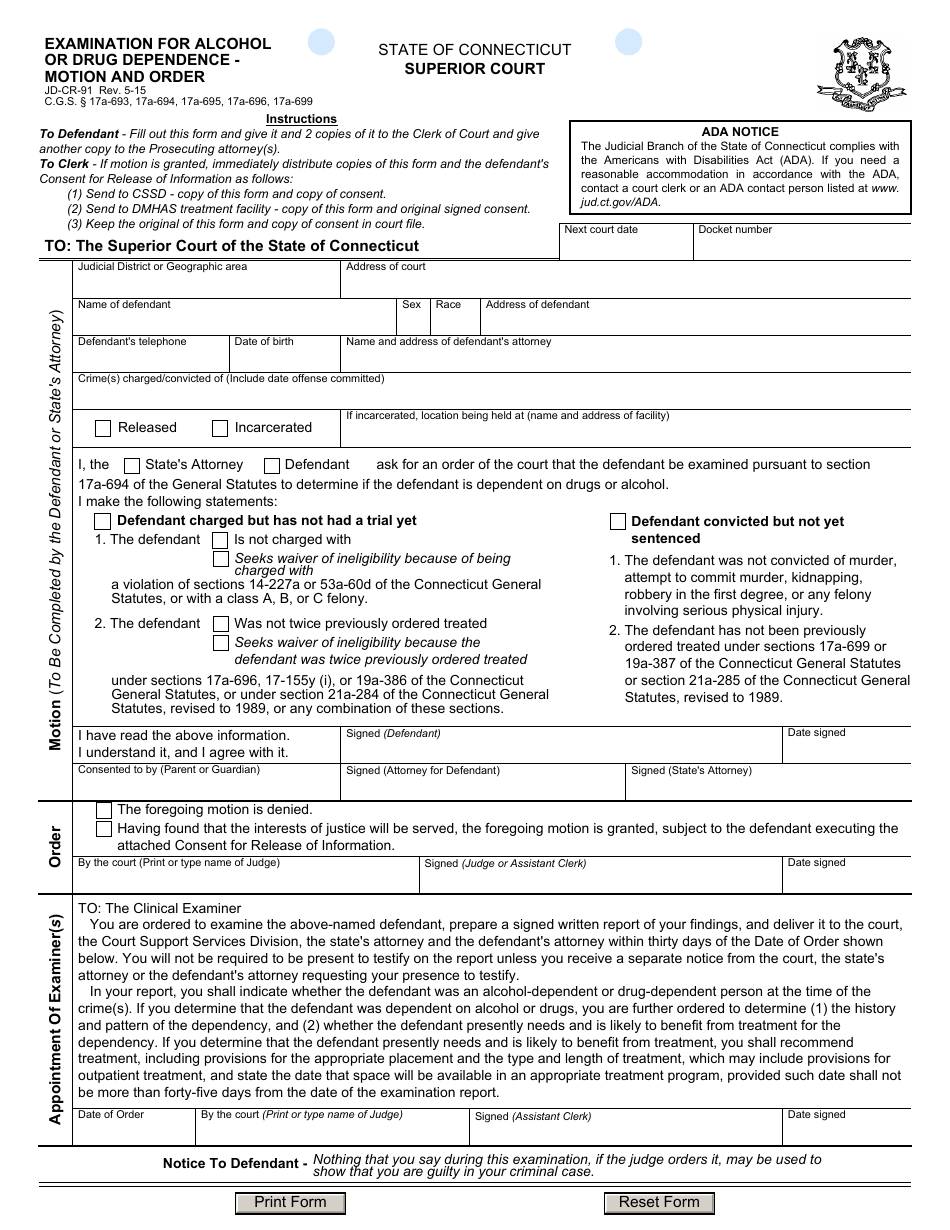 Form JD-CR-91 Examination for Alcohol or Drug Dependence - Motion and Order - Connecticut, Page 1