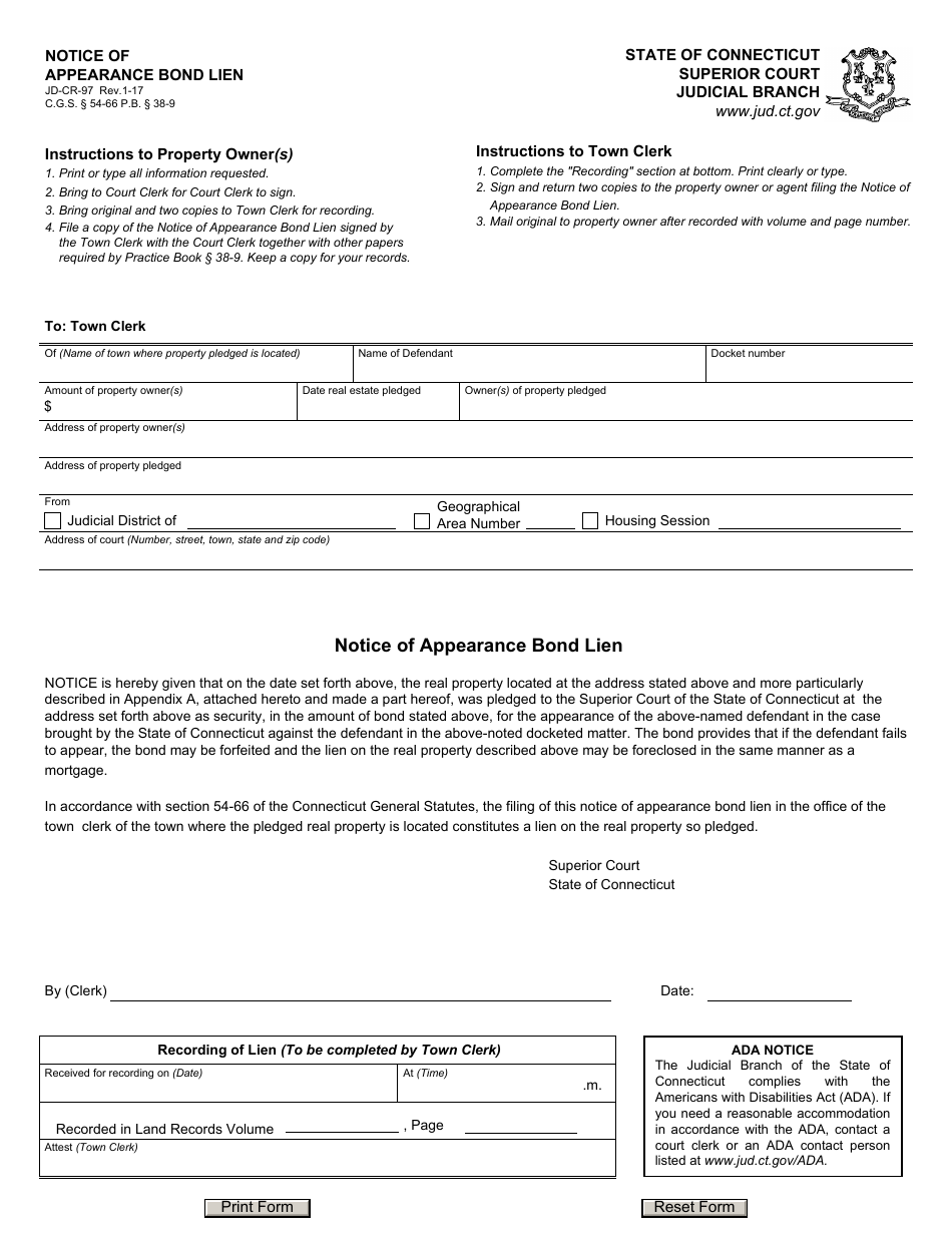 Form JD-CR-97 Notice of Appearance Bond Lien - Connecticut, Page 1