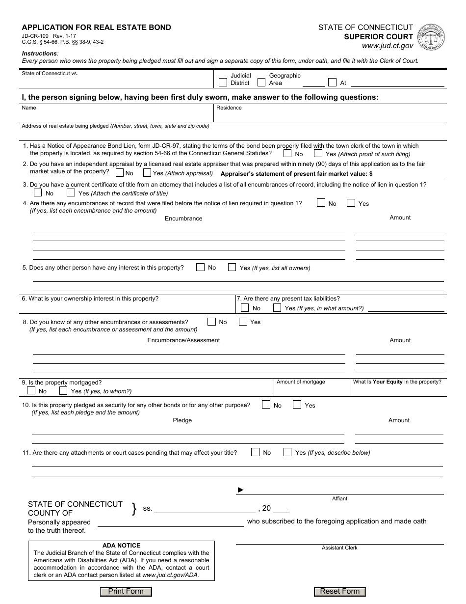 Form JD-CR-109 Application for Real Estate Bond - Connecticut, Page 1