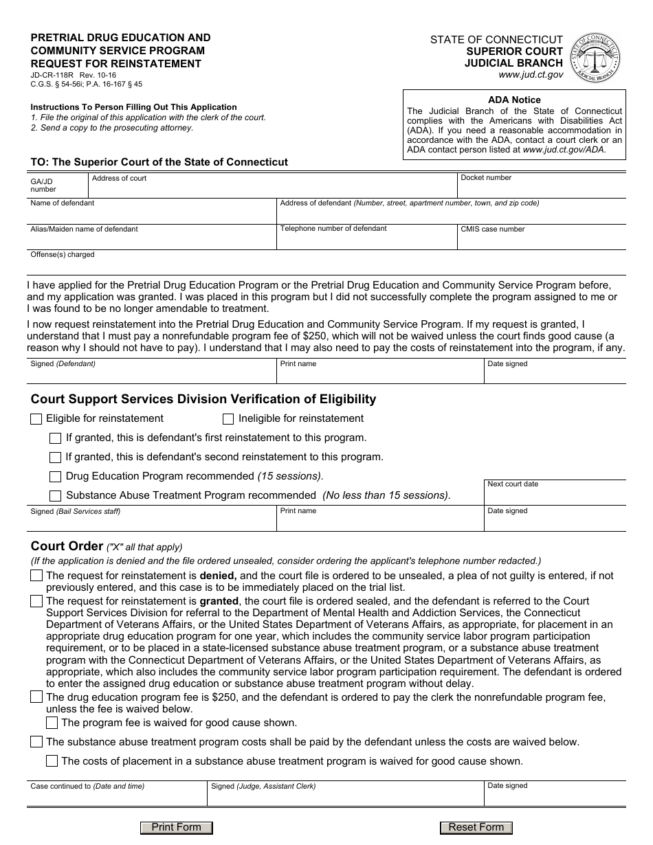 Form JD-CR-118R Pretrial Drug Education and Community Service Program, Request for Reinstatement - Connecticut, Page 1