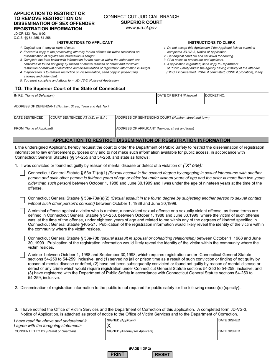 Form JD-CR-123 Application to Restrict or to Remove Restriction on Dissemination of Sex Offender Registration Information - Connecticut, Page 1
