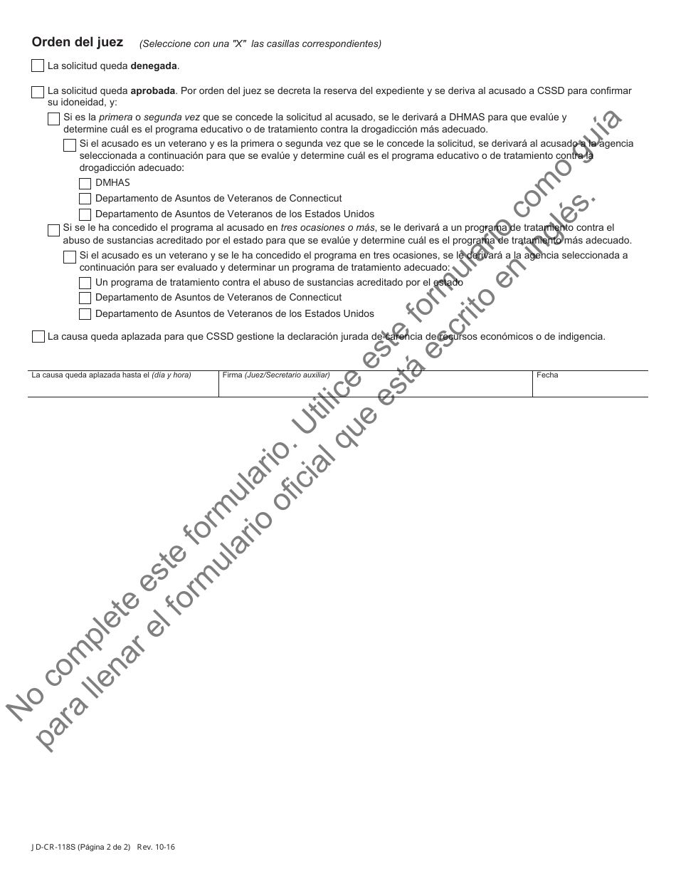 Formulario JD-CR-118S Solicitud Del Programa De Educacion Contra La Drogadiccion Y De Prestacion De Servicios En Beneficio De La Comunidad - Connecticut (Spanish), Page 2