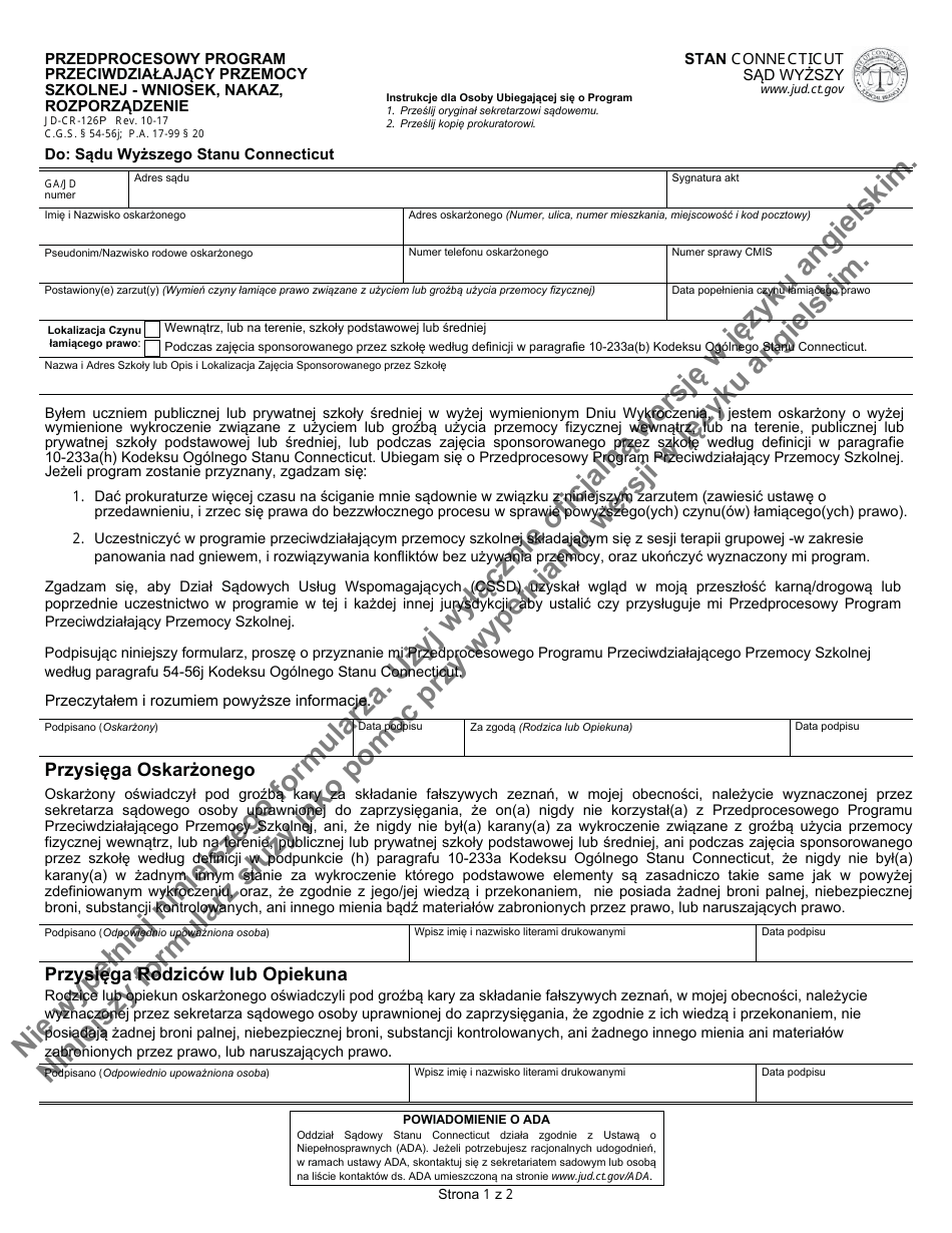 Form JD-CR-126P Pretrial School Violence Prevention Program, Application, Order, Disposition - Connecticut (Polish), Page 1