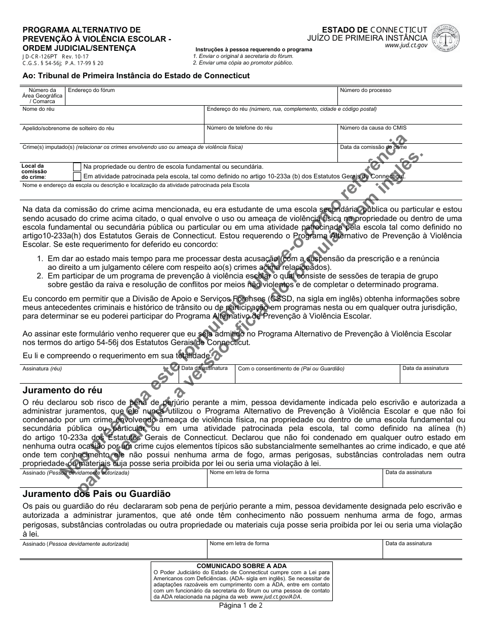 Form JD-CR-126PT Pretrial School Violence Prevention Program Application, Order, Disposition - Connecticut (Portuguese), Page 1