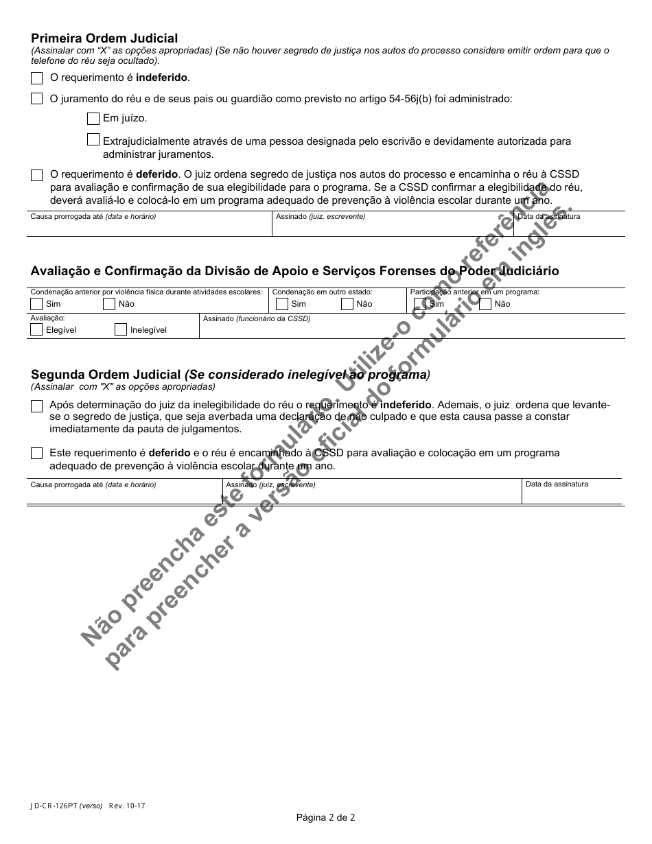 Form JD-CR-126PT Pretrial School Violence Prevention Program Application, Order, Disposition - Connecticut (Portuguese), Page 2