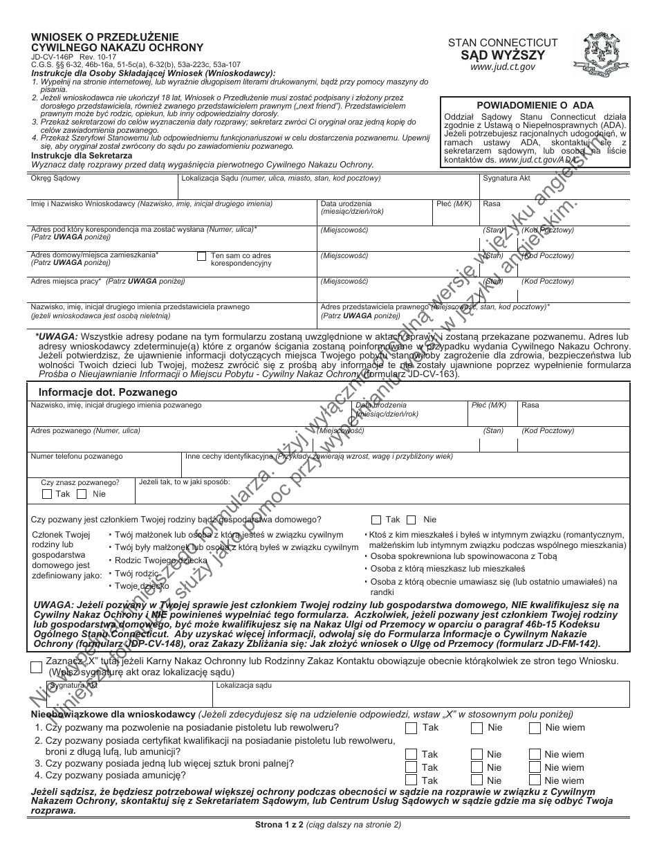 Form JD-CV-146P Motion for Extension of Civil Protection Order - Connecticut (Polish), Page 1