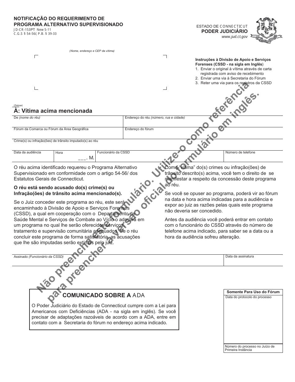 Form JD-CR-153PT Notice of Application for Supervised Diversionary Program - Connecticut (Portuguese), Page 1